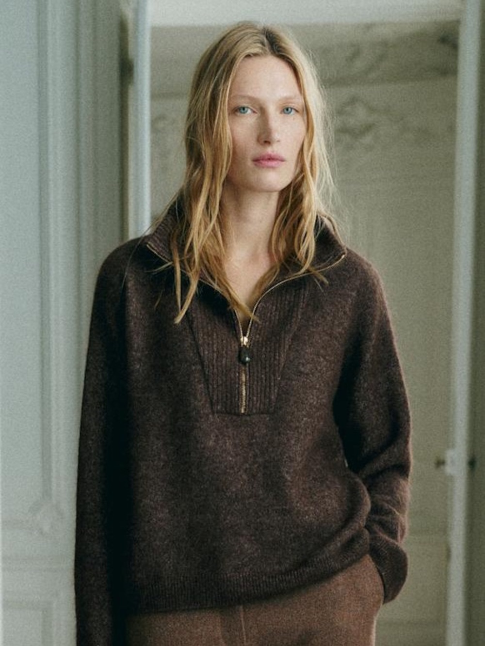 Brown Half-Zip Collared Women's Sweater